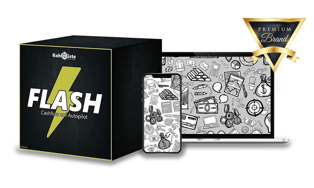 Flash Cashflow auf Autopilot Produktbox mit Smartphone und Laptop