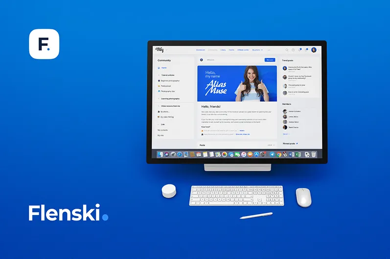 Flenski-Plattform auf Monitor mit Profil einer Benutzerin namens Alias Muse, darunter Flenski-Logo