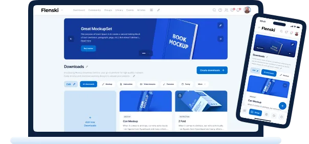 Flenski-Downloads-Seite auf Desktop und Smartphone mit Mockup-Grafik und Download-Kategorien
