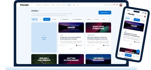 Flenski-Articles-Seite auf Desktop und Smartphone mit Artikel-Übersicht und Kategorie-Filtern