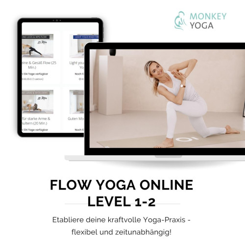 Mockup von Tablet und Laptop mit Flow Yoga Online Kurs Level 1-2, Frau in Yoga-Pose auf Bildschirm