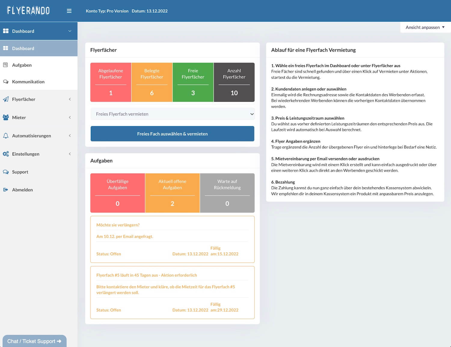 Dashboard der Flyerando Software mit Übersichtsstatistiken zu Flyerfächern, Aufgaben und Anleitung zur Vermietung