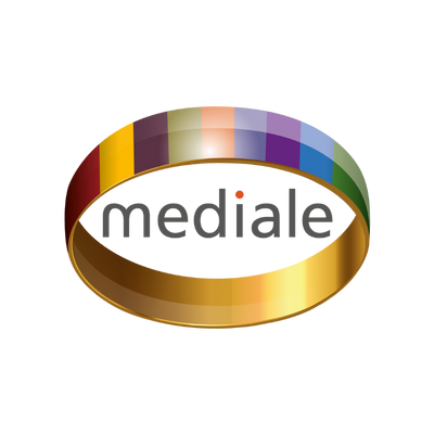 Mediale Logo mit Farbring und weißer Schrift auf goldenem Hintergrund