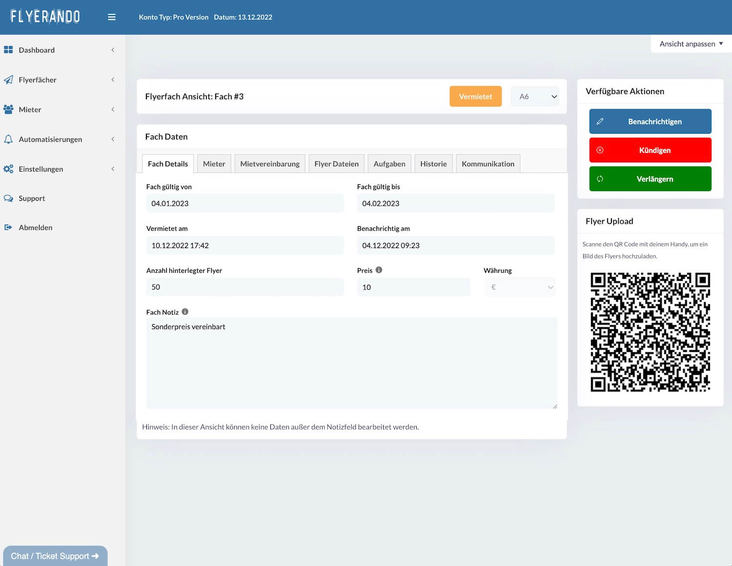 Screenshot der Einzelansicht eines Flyerfachs mit Fach-Details, verfügbaren Aktionen und QR-Code