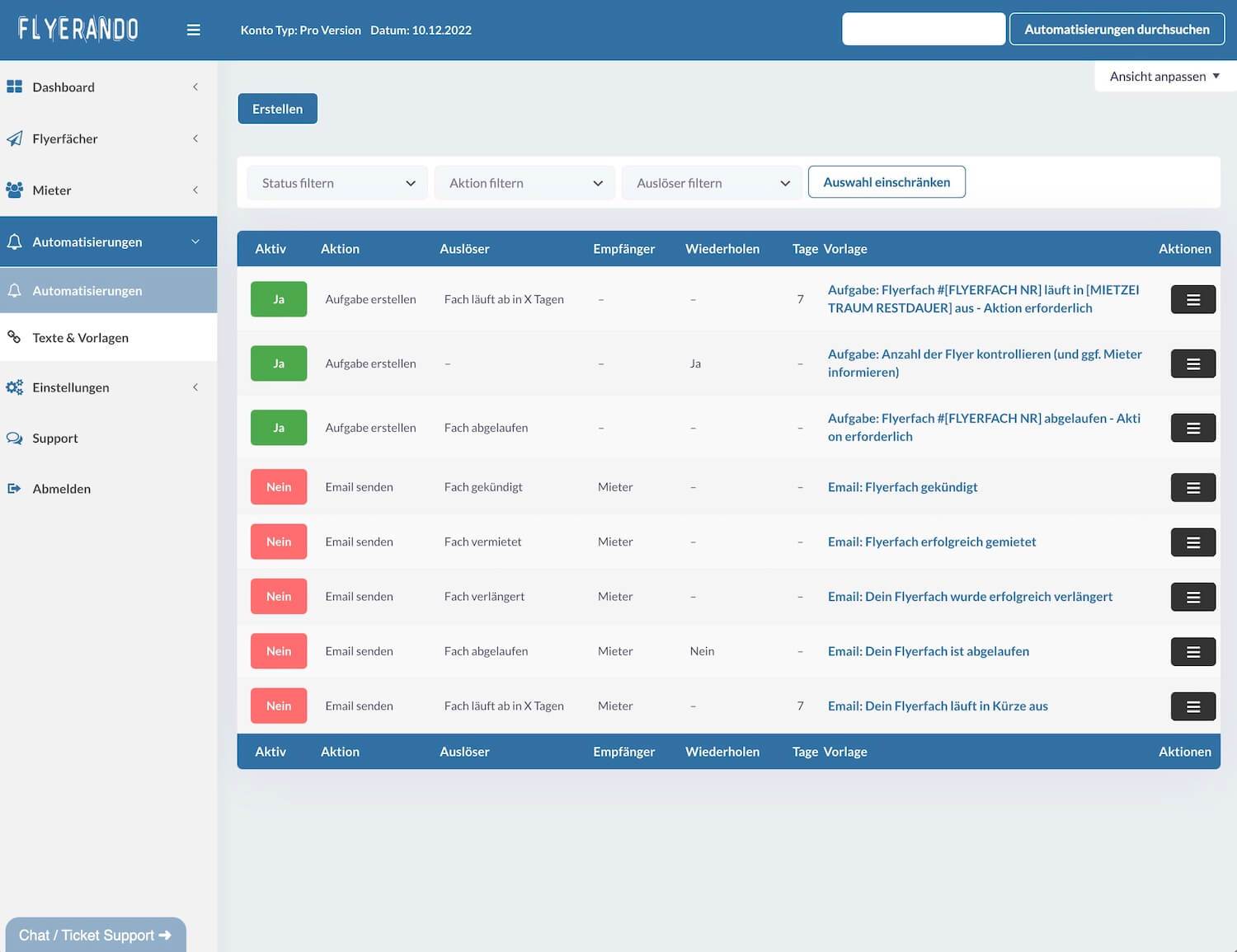 Screenshot der Automatisierungen-Seite mit Liste von aktiven und inaktiven Automatisierungsregeln