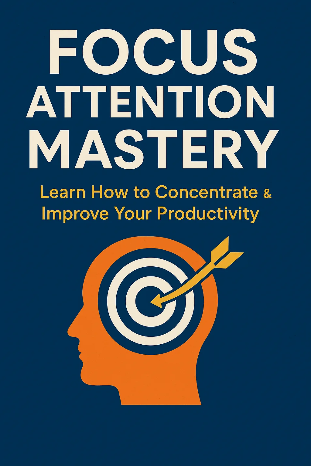 Focus Attention Mastery E-Book Cover mit Kopf-Icon, Zielscheibe und Pfeil