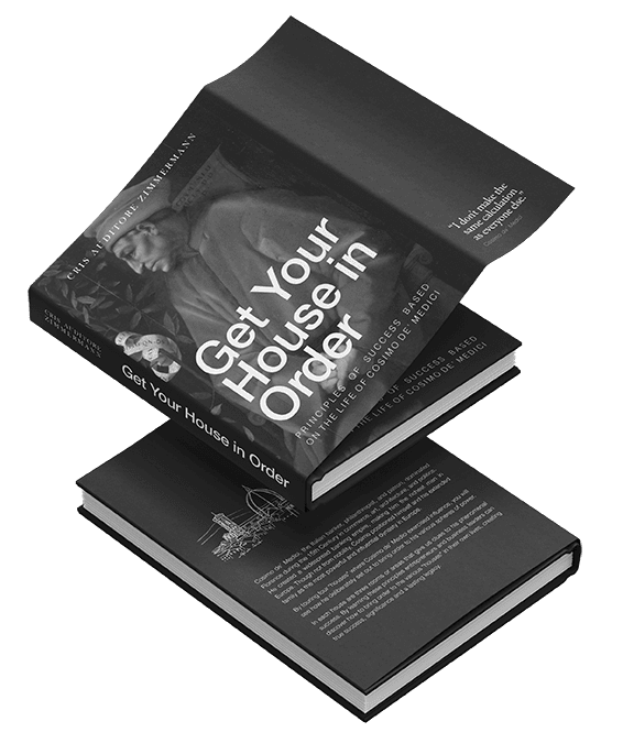 Buch-Mockup mit schwarzem Cover, Titel Get Your House in Order, übereinander gestapelte Buchausgaben