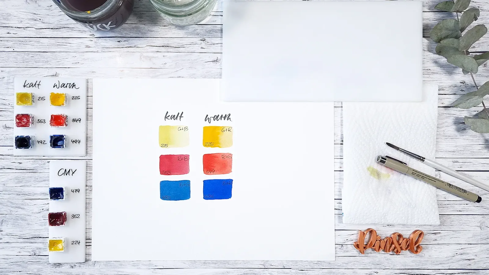 Vergleich kalter und warmer Primärfarben mit beschrifteten Aquarell-Farbproben