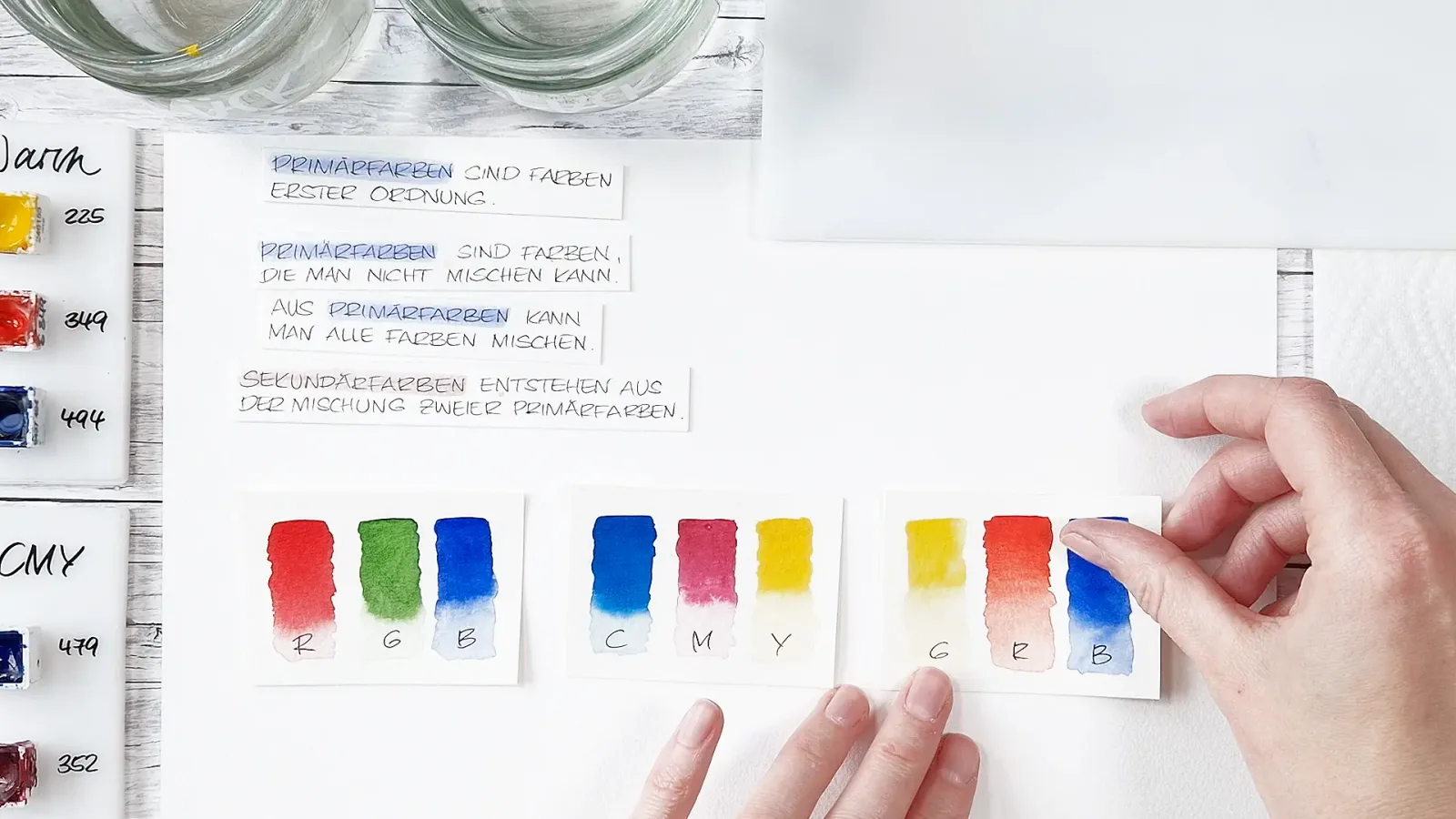 Notizen zu Farbtheorien mit RGB und CMY Farbmischbeispielen auf Papier