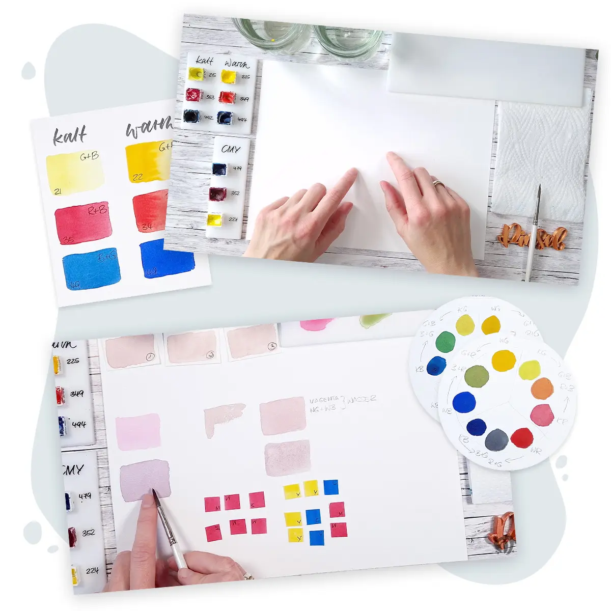 Aquarell-Farbpalette mit bunten Mischungen, Farbnotizen und Pinsel auf Holzuntergrund