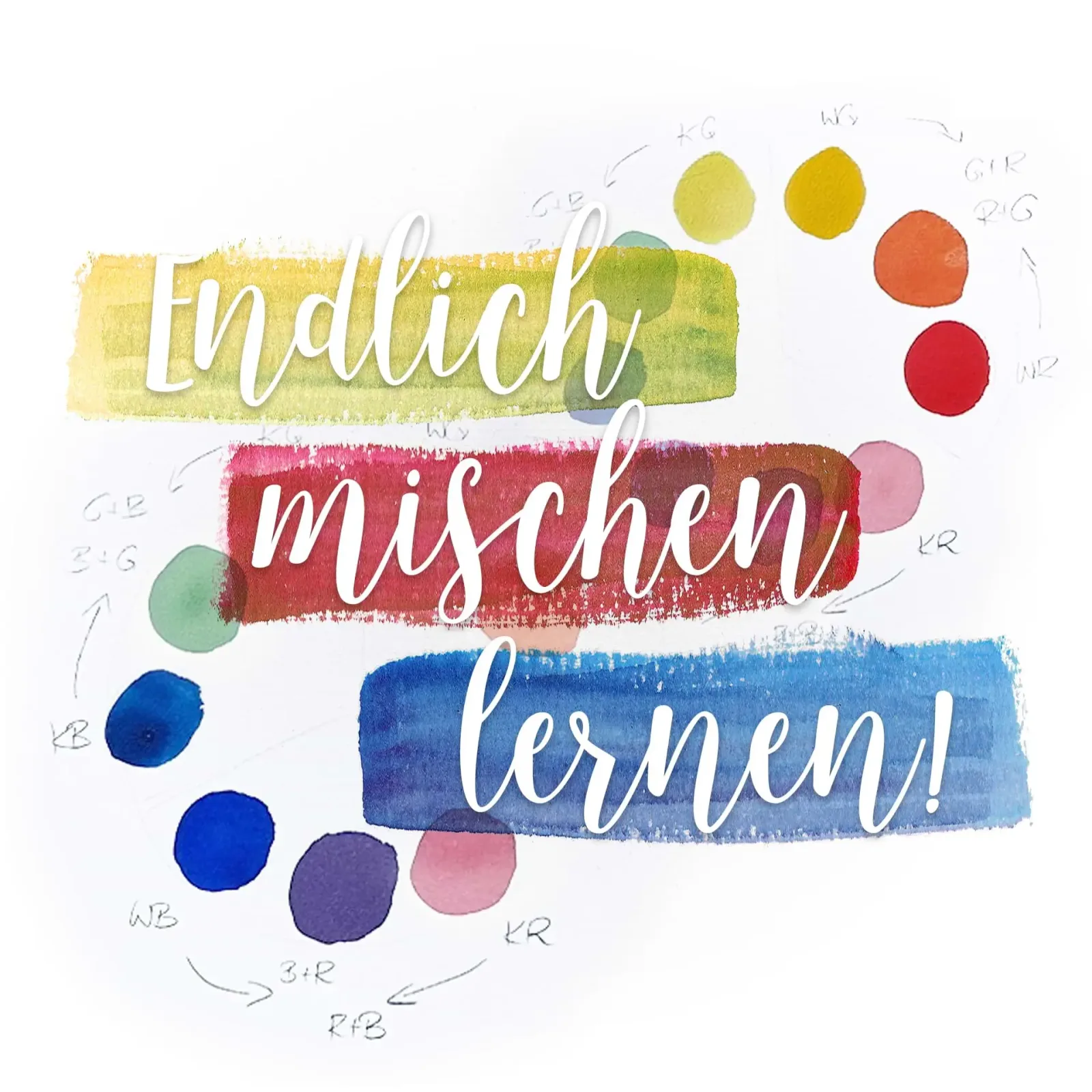 Detailaufnahme Aquarellfarben-Mischungsanleitung mit bunten Farbflecken und Notizen
