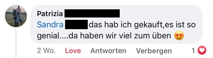 Social-Media-Kommentar von Patrizia mit Text "Sandra das hab ich gekauft, es ist so genial....da haben wir viel zum üben 😍"
