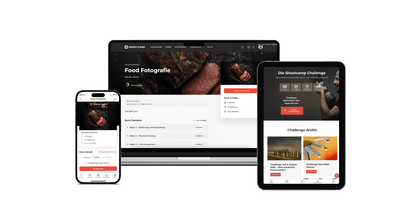 Hero-Mockup des Shootcamp-Kurses Food Fotografie auf Smartphone, Tablet und Desktop mit appetitlichen Lebensmittelbildern