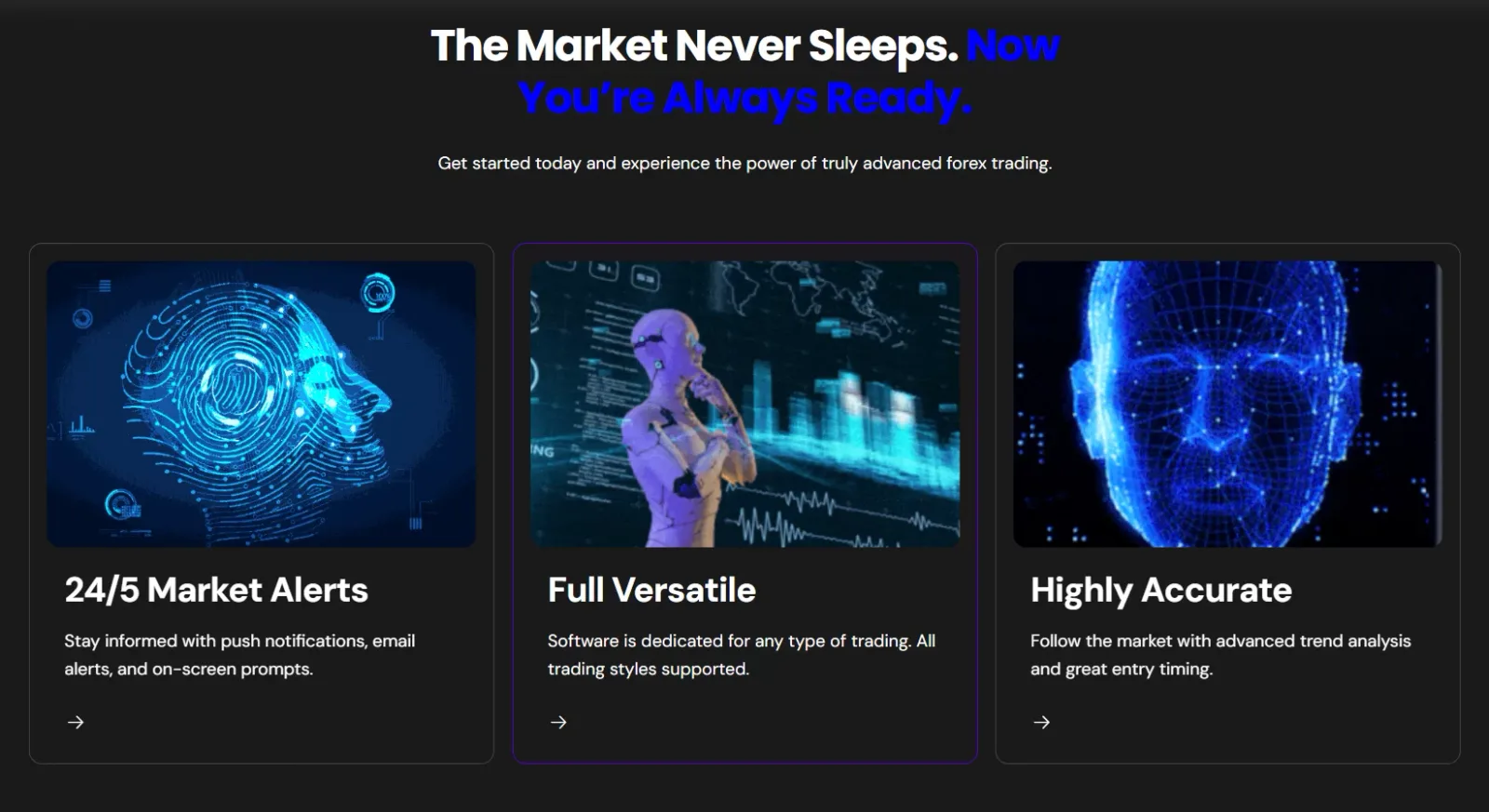 4D Trader Webseite mit KI-Kopf und Funktionsmerkmalen für automatisierte Handelsanalyse