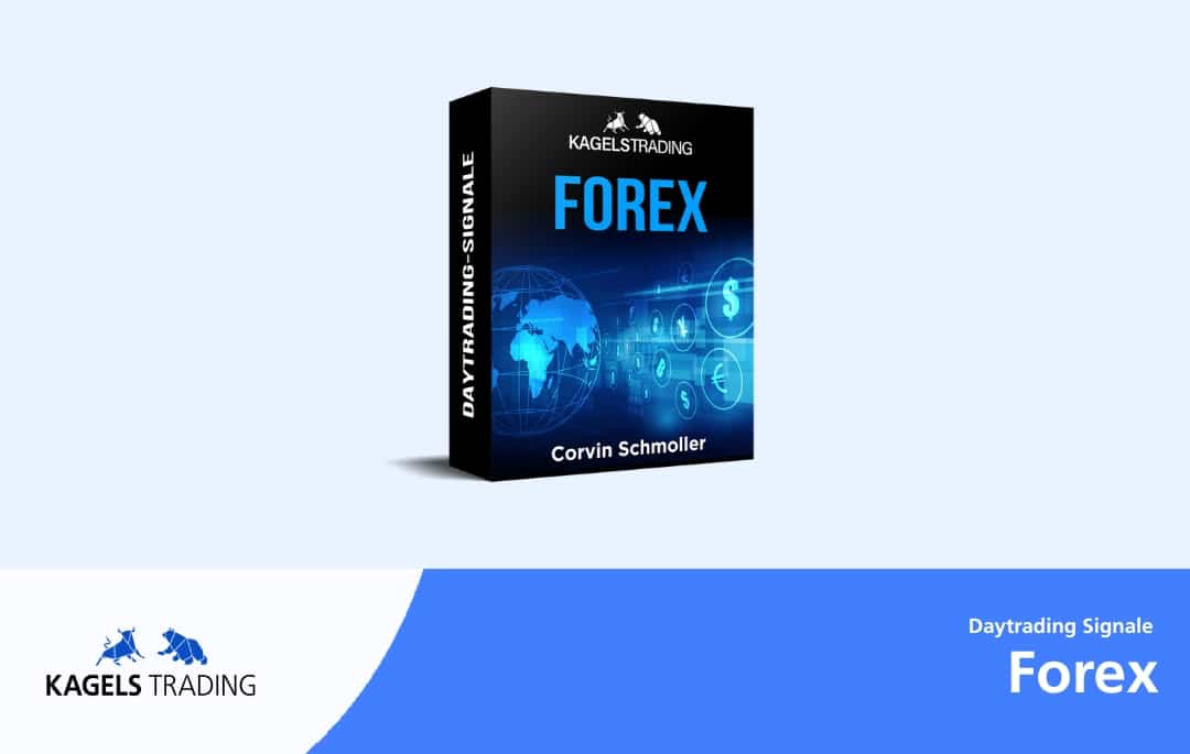 Forex Daytrading Signale Produktbox von Corvin Schmoller mit blauem Globus und Währungssymbolen