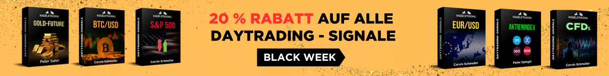 Black Week Banner 20% Rabatt auf alle Daytrading Signale mit Produktboxen auf gelbem Hintergrund