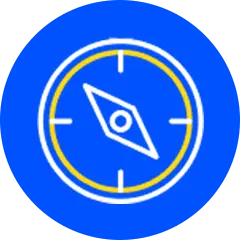 Blaues Icon mit Kompass für Handelsrichtung und Orientierung