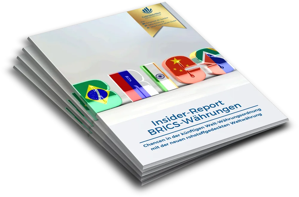 Mockup: Gestapelte Hefte des Insider-Report BRICS-Währungen mit BRICS-Logo und Länder-Symbolen