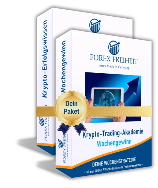 Produktbox Crypto-Trading-Akademie Wochengewinn mit goldener Schleife und FOREX FREIHEIT Logo