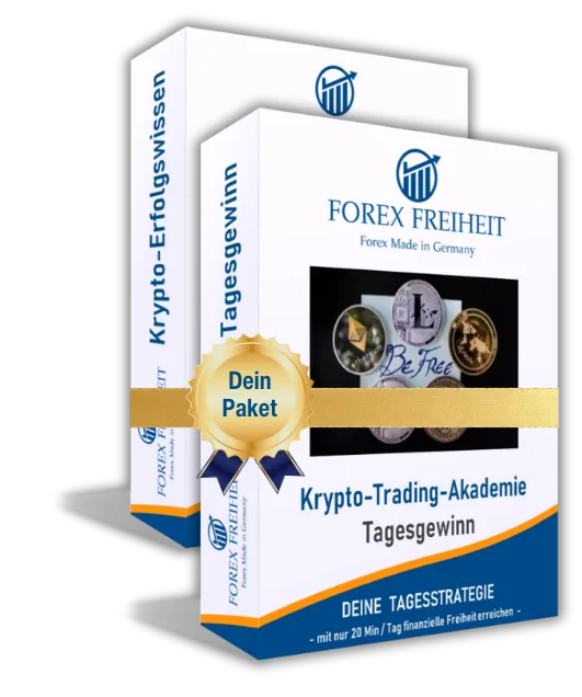 Produktbox Crypto-Trading-Akademie Tagesgewinn mit Kryptomünzen und goldener Schleife