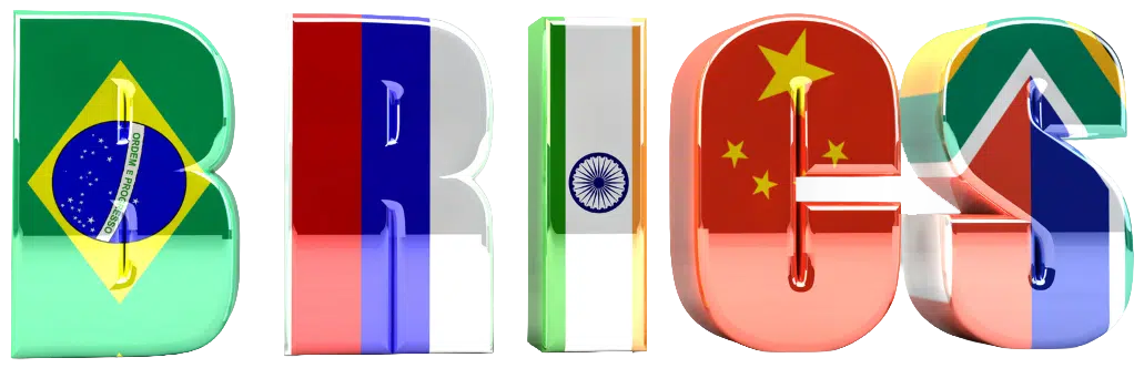 BRICS-Flaggen als 3D-Buchstaben für Brasilien, Russland, Indien, China und Südafrika