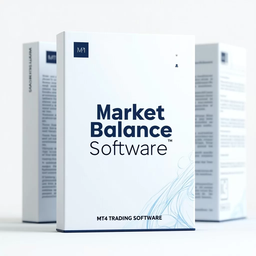 Market Balance Software Produktbox mit MT4 Trading Software Branding, 3D-Darstellung mit Begleitmaterialien