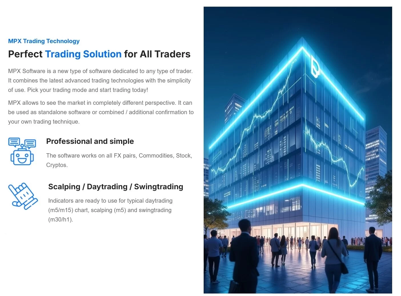 MPX Trading Technology Übersicht mit Gebäude-Illustration und grünem Chartbeispiel auf rechts