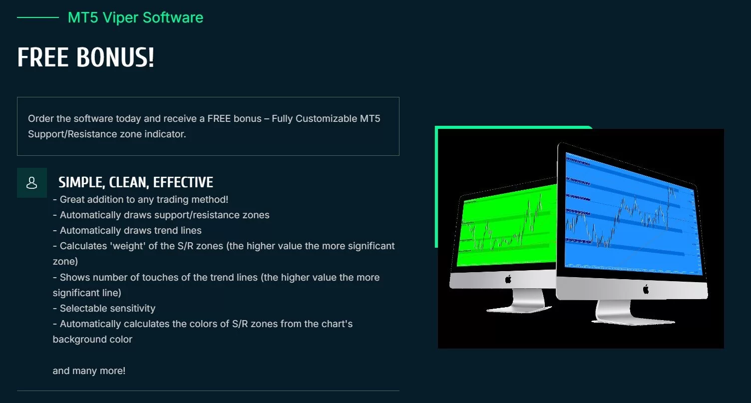 Viper MT5 Free Bonus mit zwei iMac Mockups der Support/Resistance Zone Indicator Grafik