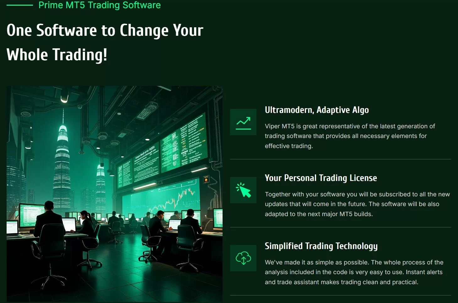 Viper MT5 Software Abschnitt mit Team in futuristischem Handelsraum und drei Feature-Punkte