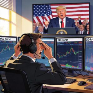 Cartoon-Illustration eines Traders mit Kopfhörern an DAX-Charting-Workstation