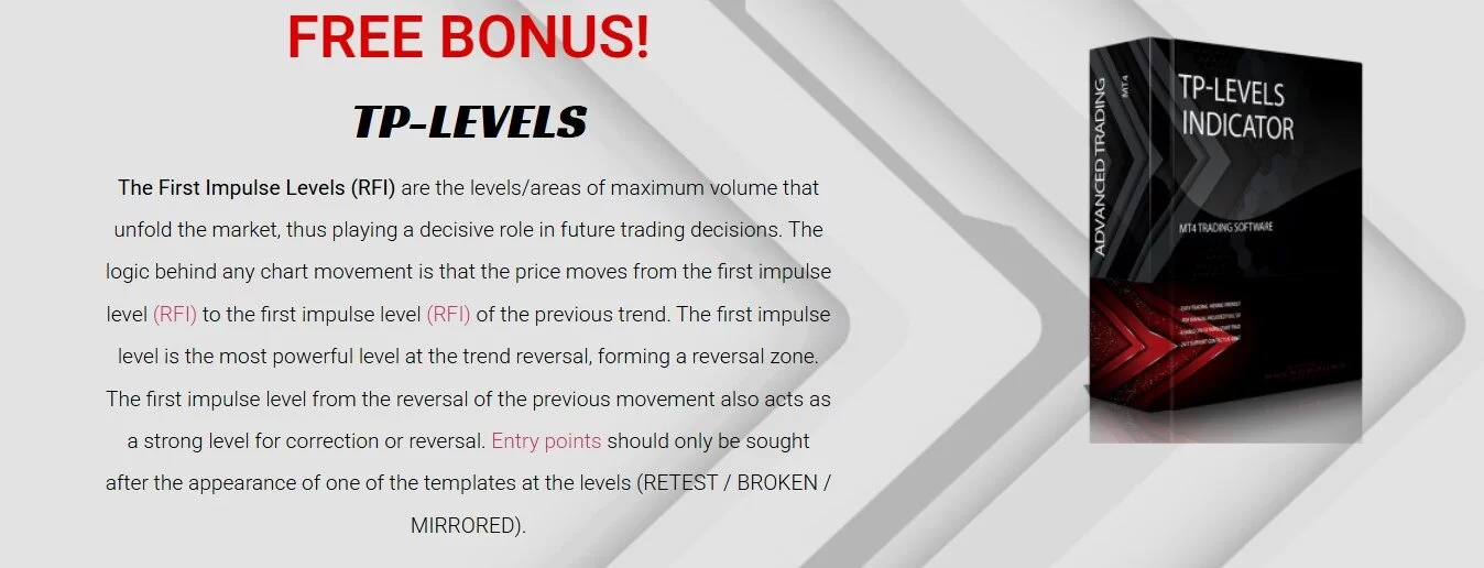 TP-Levels Indicator Produktbox mit Bonus-Text und Beschreibung der RFI Level-Funktion