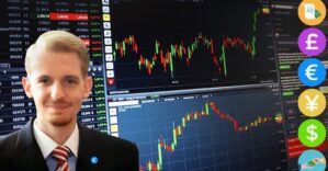 Christoph Neuwirth vor Forex-Trading-Bildschirmen mit Candlestick-Charts und Währungssymbolen
