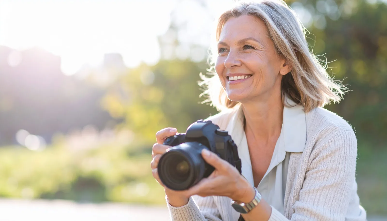 Lächelnde Fotografin mittleren Alters mit Kamera in Außenumgebung mit unscharfem grünem Hintergrund