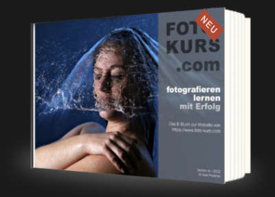 E-Book Cover Foto-Kurs.com mit Porträt und NEU-Etikett, Titel Fotografieren lernen mit Erfolg