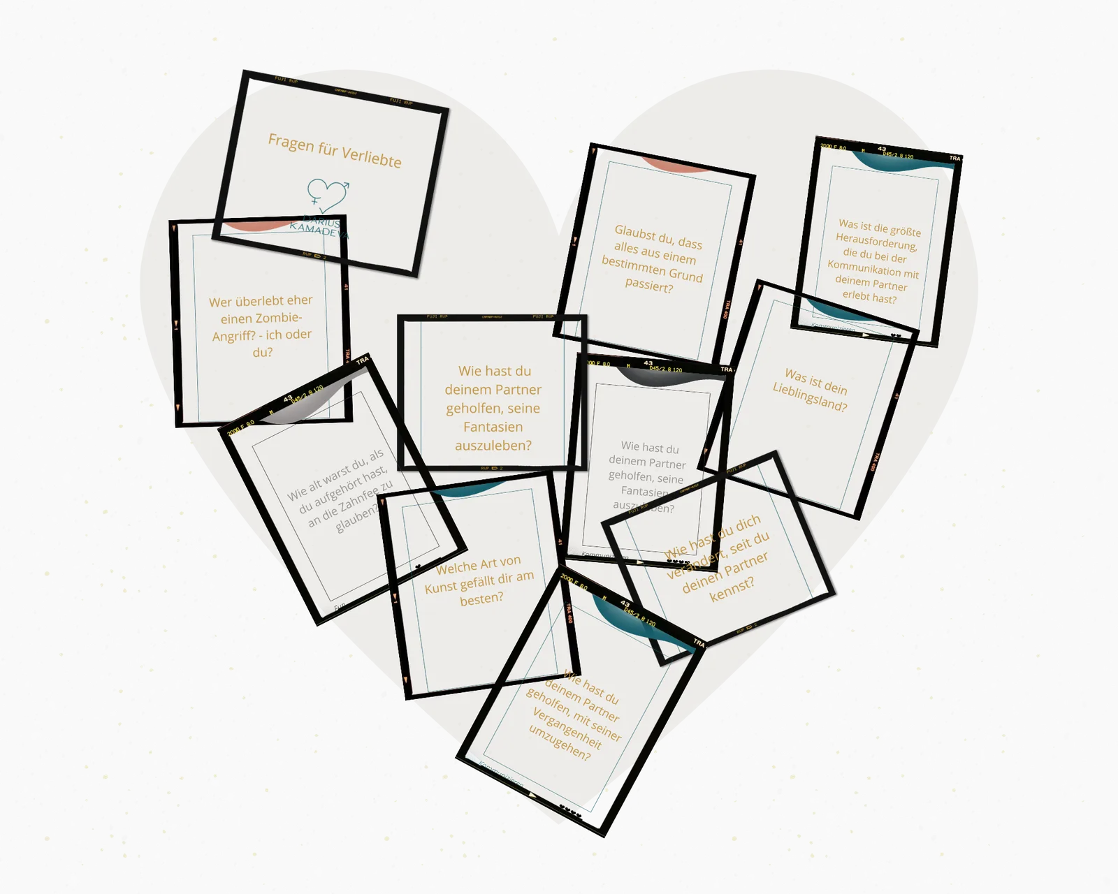 Hero-Bild: Herzförmig angeordnete Polaroid-Karten mit Fragen für Verliebte von Darius Kamadeva