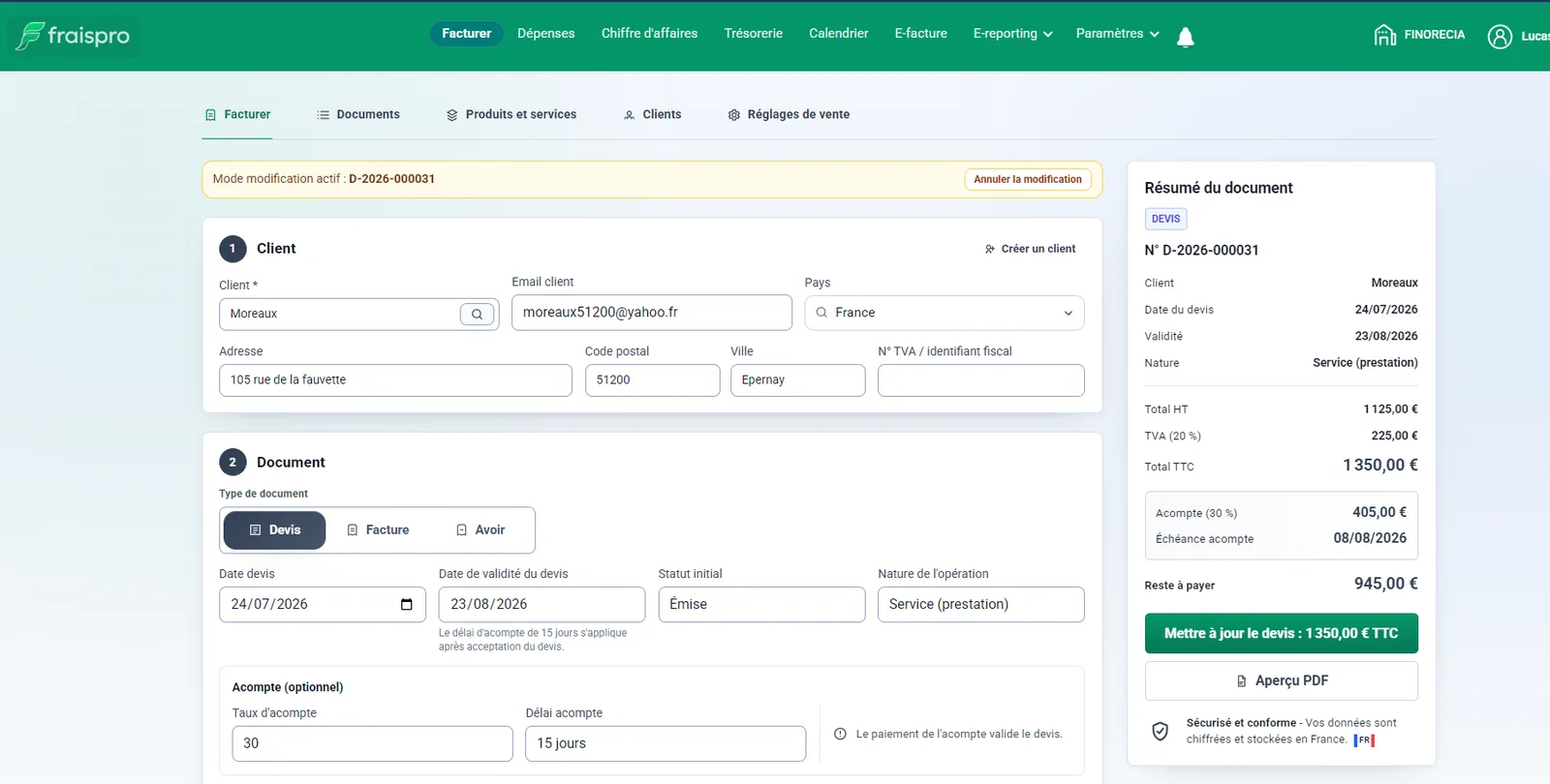 Fraispro Micro – Logiciel de gestion pour micro-entrepreneur 4 Fraispro Micro Devis-Bearbeitungsformular mit Kundenangaben, Dokumentdetails und Zusammenfassung