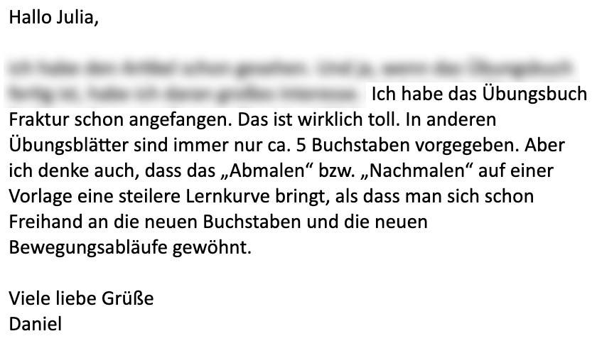 Kundenstimme von Daniel Nowak zur Fraktur Übungsbuch Bewertung