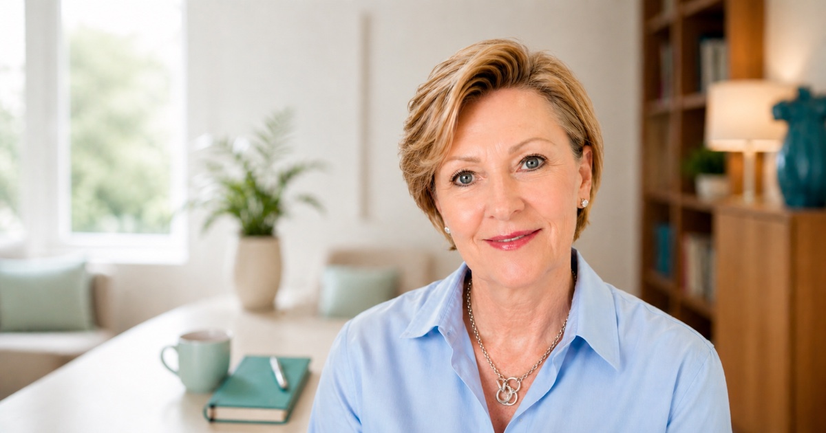 Christl Lang, Business-Trainerin in hellblauem Hemd, Portrait in modernem Wohnzimmer