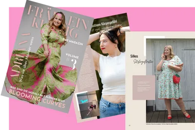 Cover und Magazinseite aus Fräulein Kurvig Ausgabe 3 mit Frau in grünem Blumenmuster-Kleid und Porträts von Redakteuren