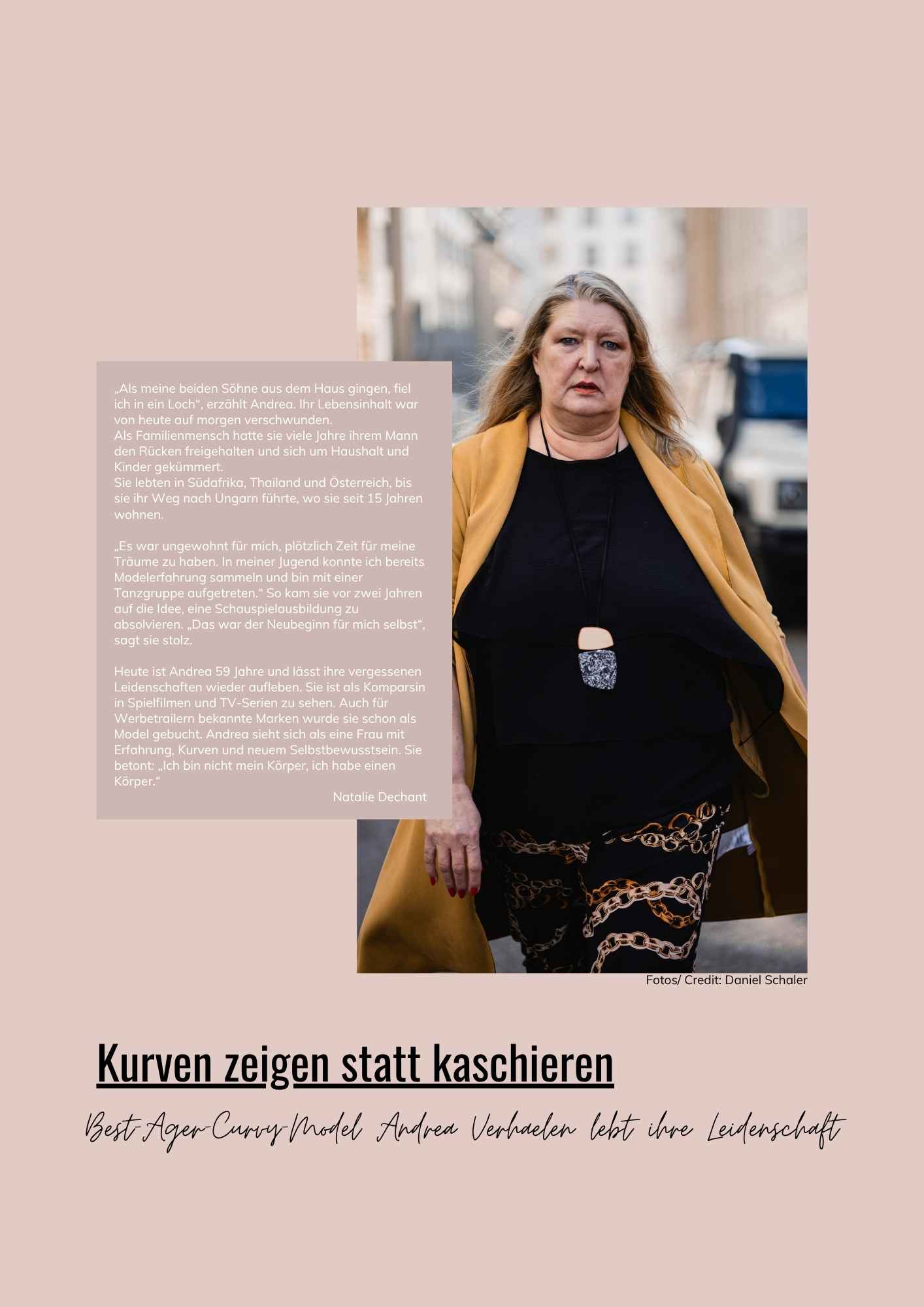 Porträtfoto einer Frau mittleren Alters mit goldenem Blazer und Text über Andrea Verhaelen, Best-Ager Curry Model