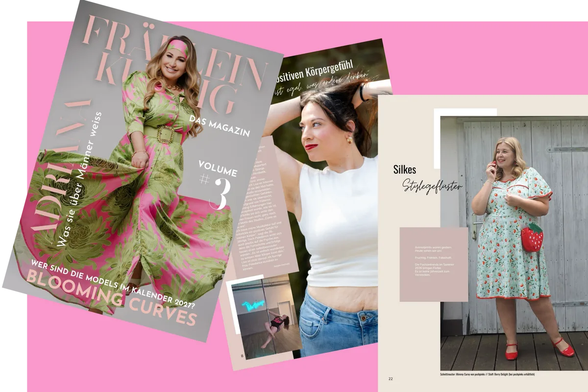 Cover und Magazinseite aus Fräulein Kurvig Ausgabe 3 mit Frau in grünem Blumenmuster-Kleid und Porträts von Redakteuren