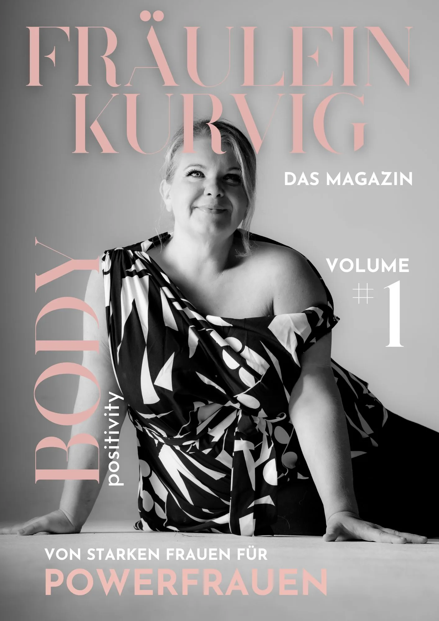Magazin-Cover Fräulein Kurvig Volume #1 mit Frau in schwarz-weißem Muster-Kleid auf grauem Hintergrund