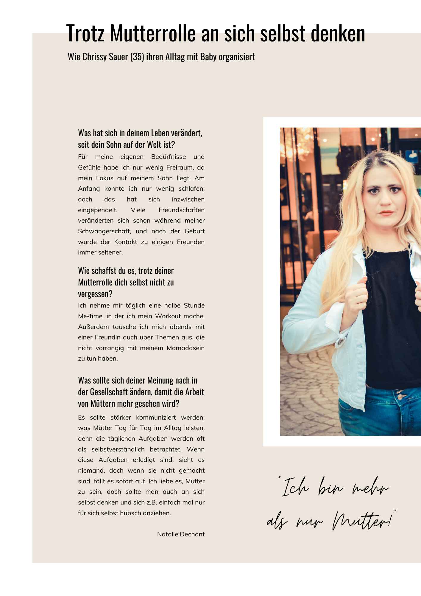 Artikel Trotz Mutterrolle an sich selbst denken mit Interview von Chrissy Sauer