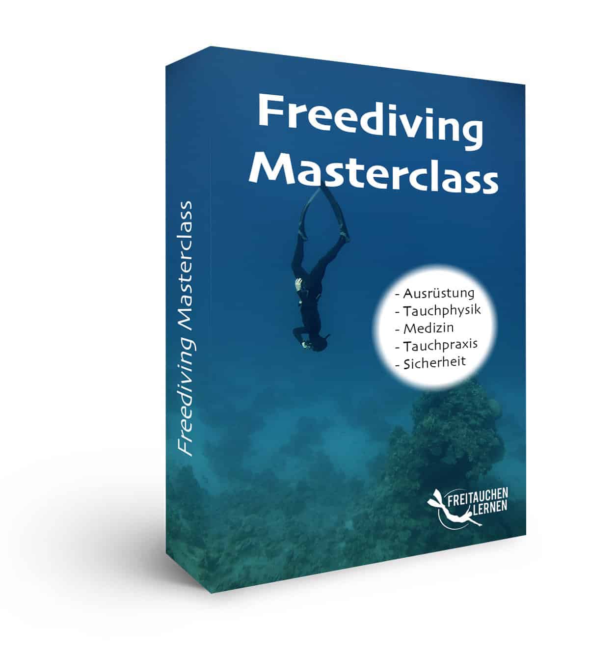 Freediving Masterclass Box mit 3D-Perspektive, Freitaucher und Korallenriff-Hintergrund