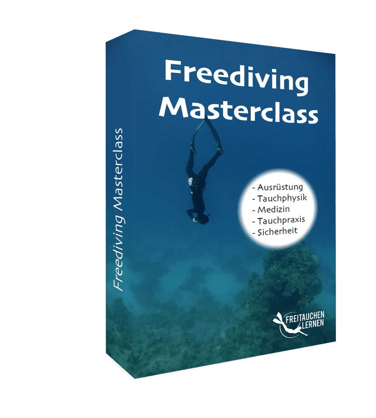 Freediving Masterclass Box mit Freitaucher unter Wasser, blauem Hintergrund und Korallenriff