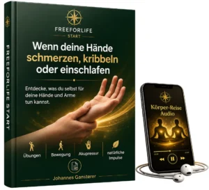 FREEFORLIFE START E-Book Cover mit Smartphone-Audio und Kopfhörern – Kribbeln und taube Hände