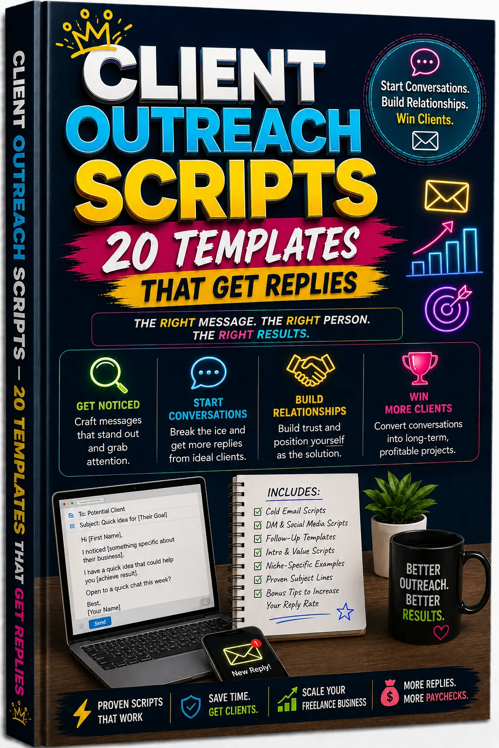 Client Outreach Scripts E-Book Cover mit 20 Templates für Kundenakquise und Geschäftsaufbau