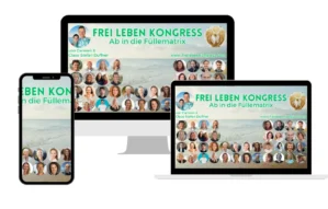 Frei Leben Kongress Mockup auf drei Geräten: Smartphone, Tablet und Laptop mit Teilnehmerfoto-Collage