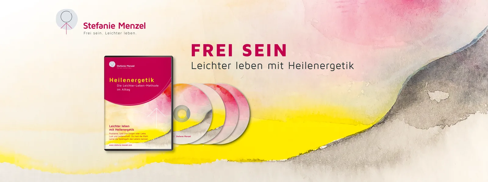 Frei sein – Videokurs Heilenergetik von Stefanie Menzel 2 Header-Banner mit Stefanie Menzel Logo, DVD-Box und Produkttitel Frei sein – Leichter leben mit Heilenergetik