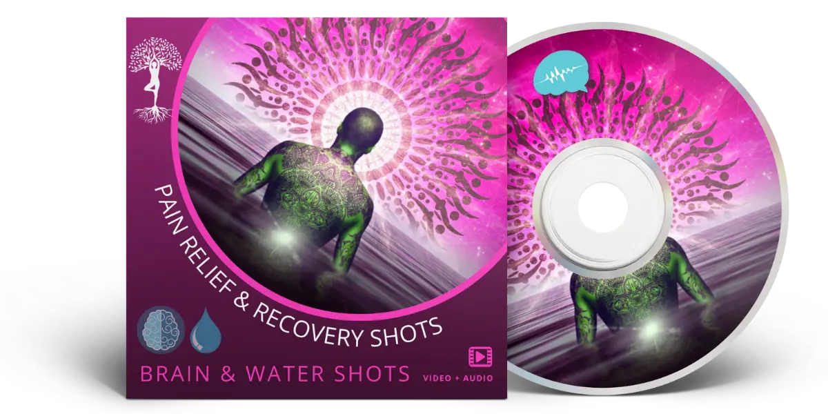 DVD-Cover und Disc Pain Relief & Recovery Shots mit grüner Figur vor magentafarbenem Hintergrund